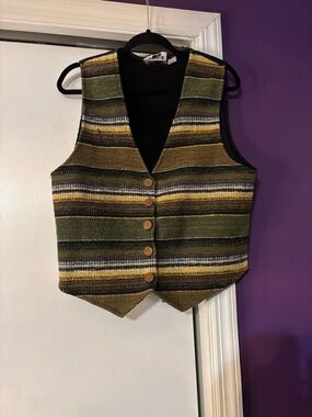 Vintage Tangibles Striped Knit Button-Front Vest in Olive and Mustard Corduroy